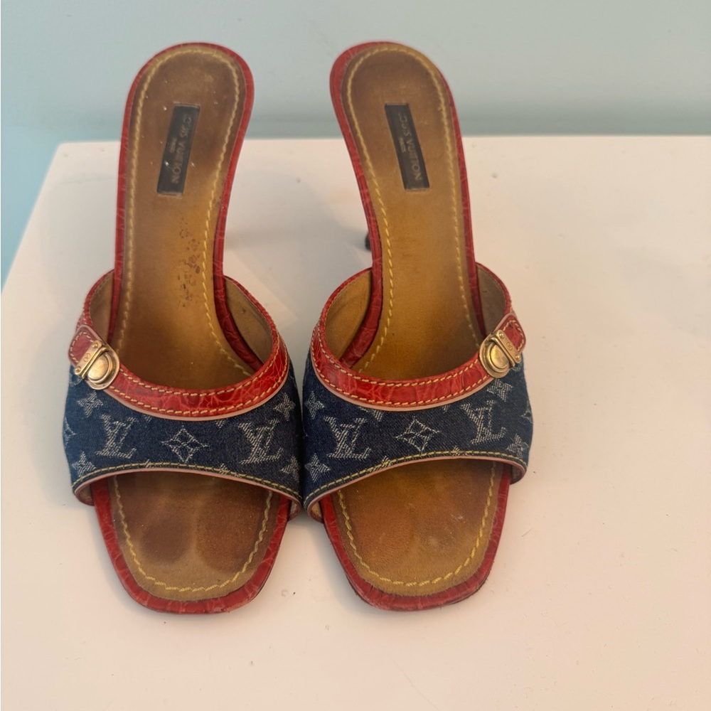 Louis Vuitton Denim and Red Mules